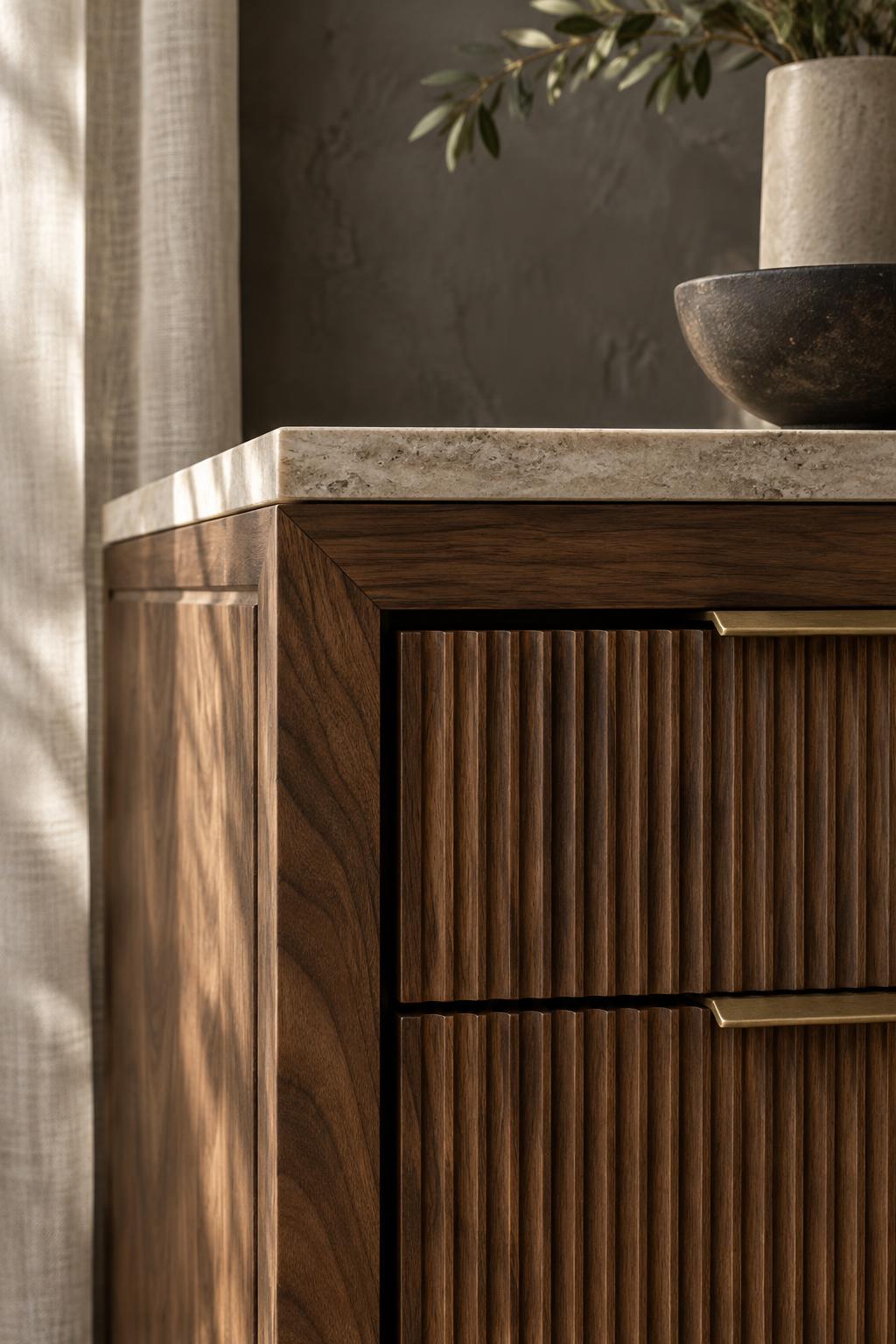 Reeded walnut drawer fronts with brass edge pulls and a honed stone top
