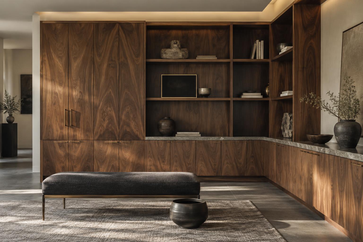 Book-matched walnut cabinetry wall with integrated shelving and a charcoal bench